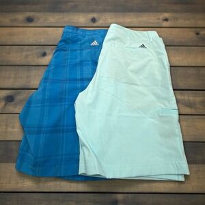 Adidas Mens Golf Shorts Bundle Size 36 Blue Plaid & Aqua Textured Performance
